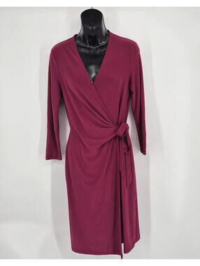 Anne Klein Women’s Burgandy 3/4 Sleeves Faux Wrap Dress Sz. 6 Stretch